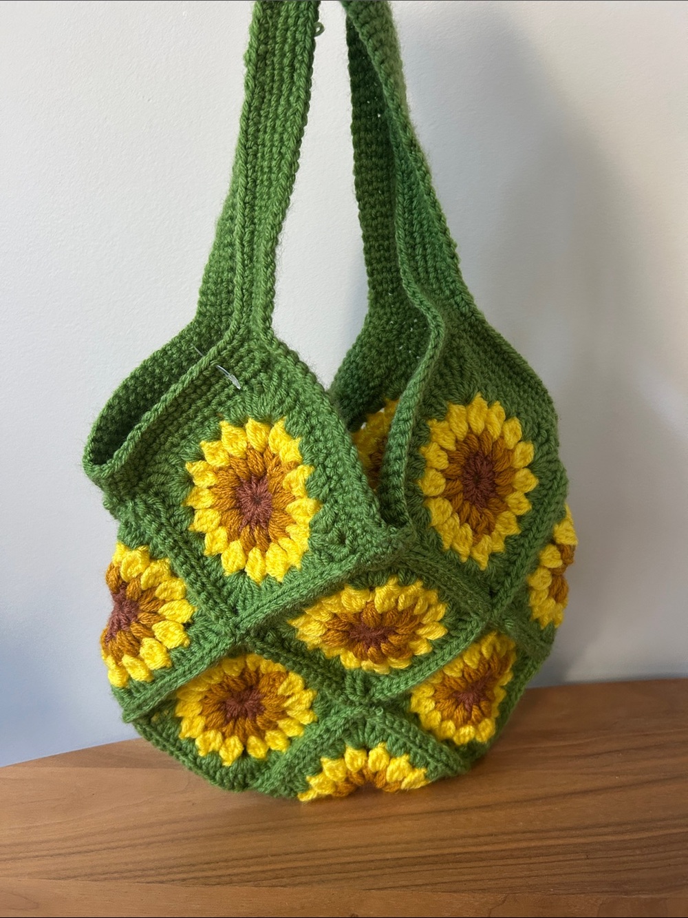 Small Green Sunflower Crochet Tote Bag